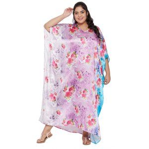 Women Plus Size Floral Printed Pink Satin Kaftan Maxi Dress by Gypsie Blu